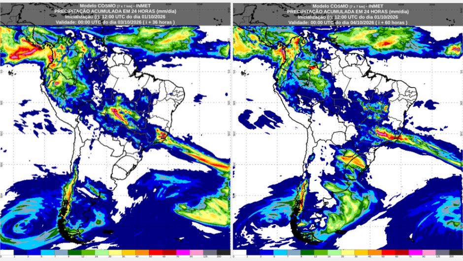Previsão de acumulados de chuva para sexta-feira (2) e sábado (3), conforme o modelo numérico de previsão de tempo Cosmo; fonte: Inmet