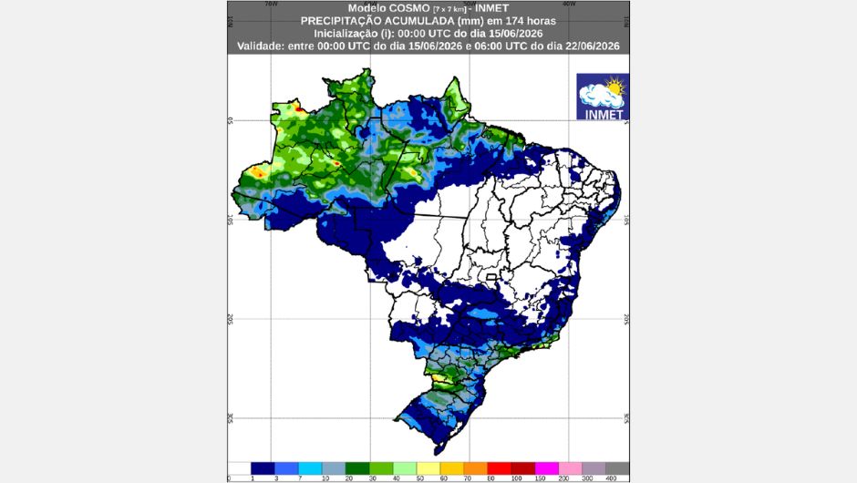 Previsão de chuva acumulada (15 a 22 de junho de 2026) do modelo Cosmo; fonte: Inmet