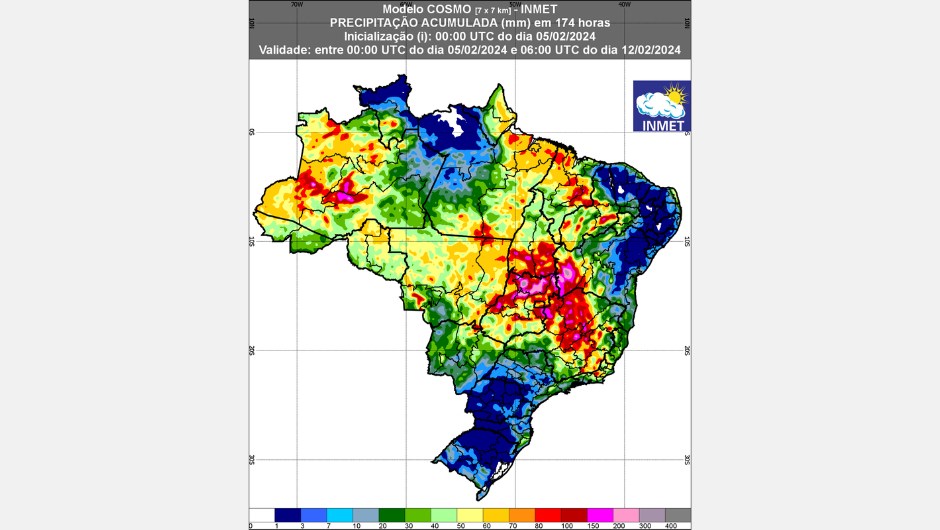 Figura 1: previsão de chuva para a 1ª semana (5 a 12/02/2024); fonte: Inmet