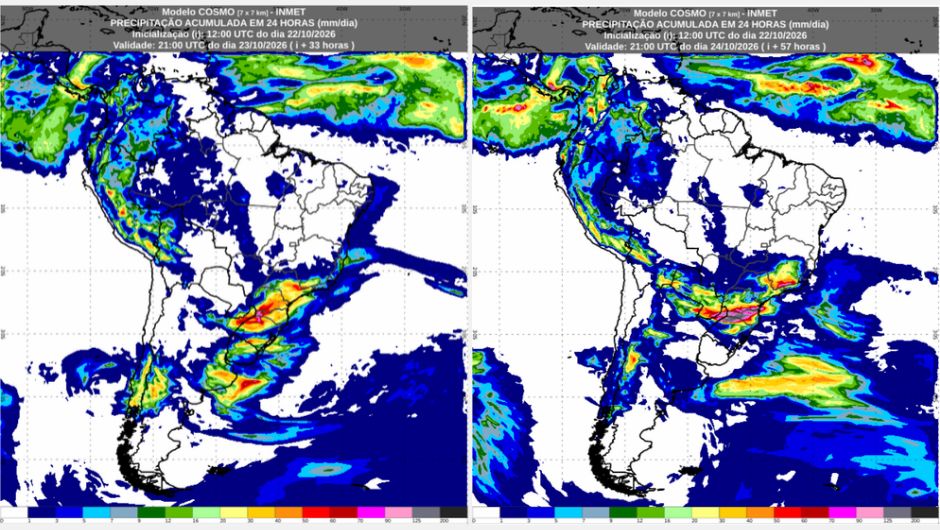 Previsão de acumulados de chuva de quinta-feira (22/10) até sábado (24/10), conforme o modelo numérico de previsão de tempo Cosmo; fonte: Inmet