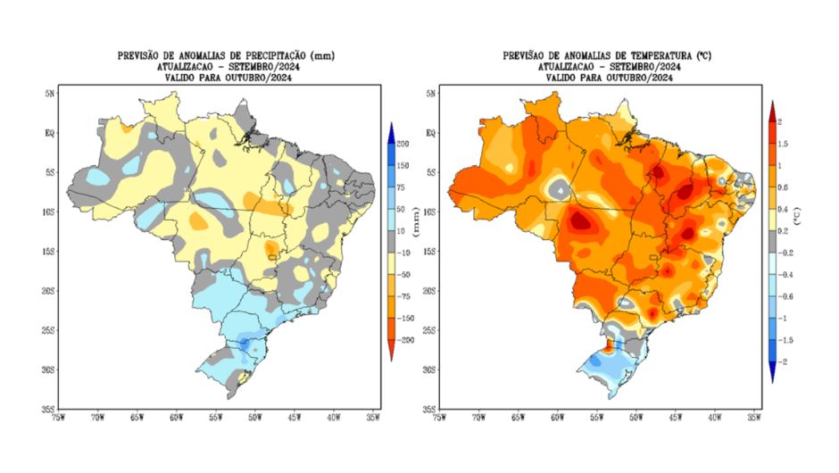 Figura 1: previsão de anomalias de (a) precipitação e (b) temperatura média do ar do modelo climático do Inmet, para o mês de outubro de 2024