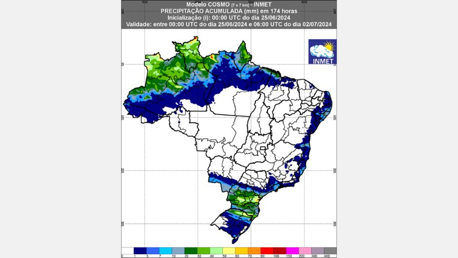 Figura 1: previsão de chuva entre os dias 25/06/2024 e 02/07/2024; fonte: Inmet