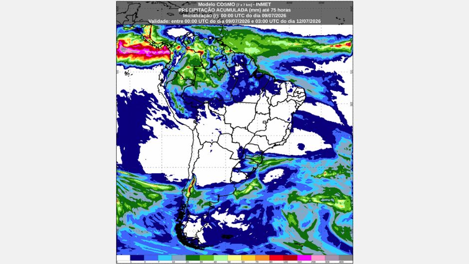 Mapa de previsão de chuva acumulada até 00h (horário de Brasília) de 12 de julho de 2026, do modelo Cosmo; fonte: Inmet