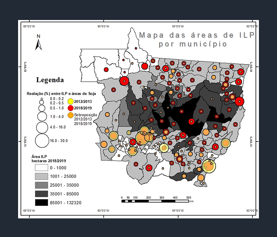 Figura 2: Cartograma dos municípios do estado de Mato Grosso, ranqueados em função das áreas de sistemas de integração lavoura-pecuária (ILP) no ano-safra 2018/2019.