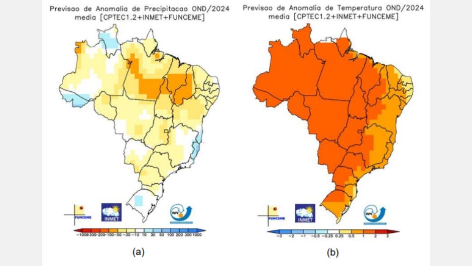 Figura 2 -&nbsp;Previsão de anomalias de (a) precipitação e (b) temperatura média&nbsp;do ar do multi-modelo Inpe/Inmet/Funceme para o trimestre OND/2024