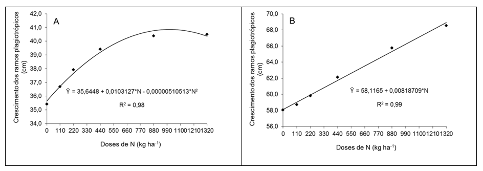 Figura 2 Estimativa do crescimento acumulado dos ramos plagiotrópicos do cafeeiro conilon, em função das doses de N (kg ha-1), nas épocas de avaliação Fev./2013 (A) e Jun./2013 (B)