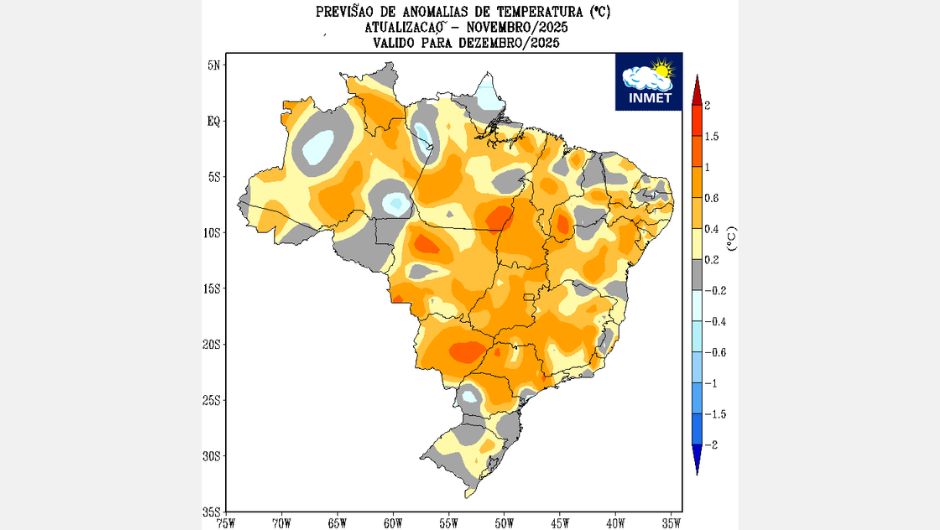 Figura 2: previsão de temperatura média do ar do modelo climático do Inmet, para o mês de dezembro de 2025
