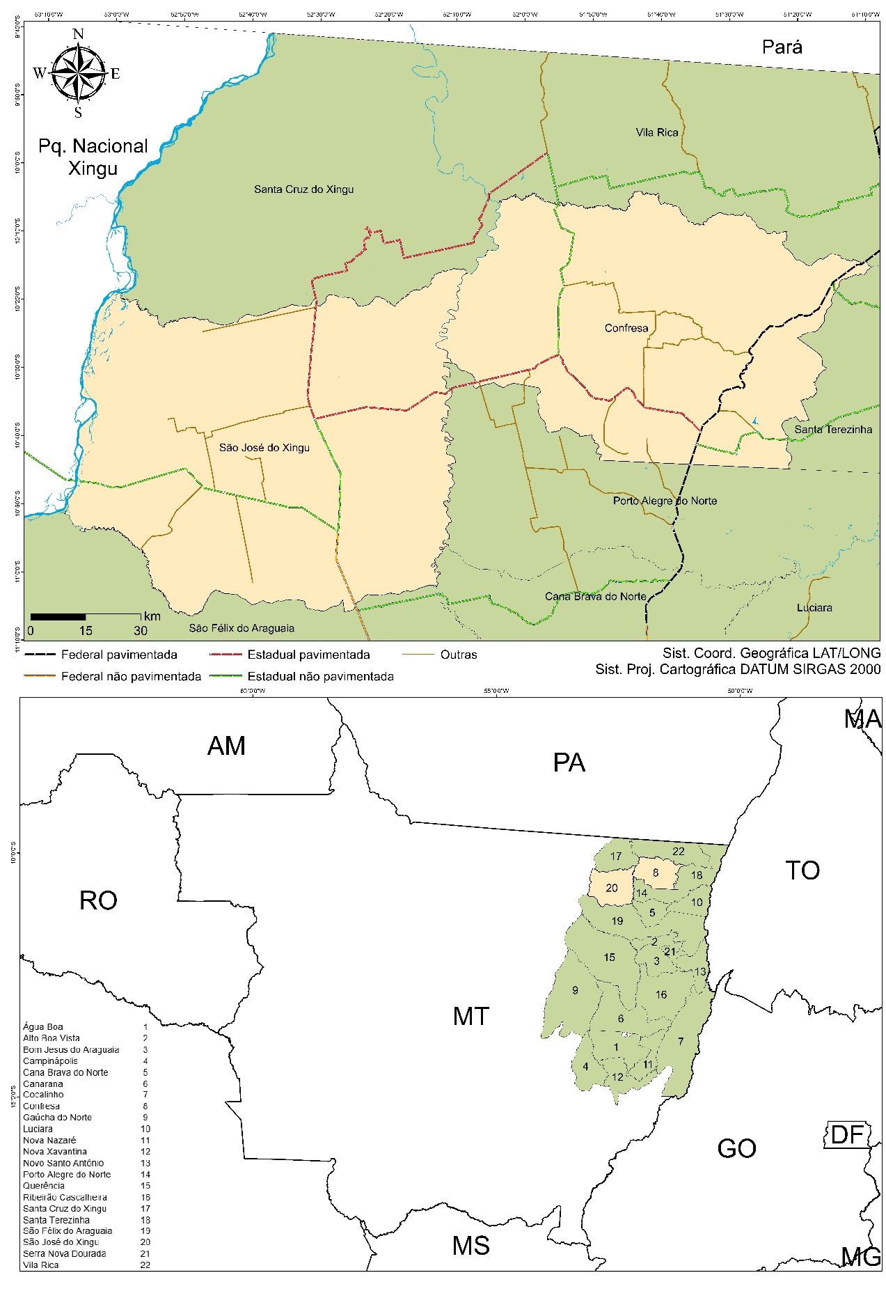 Figura 1. Região Nordeste do Estado de Mato Grosso, Brasil constituída por 22 municípios. FONTE: autoria própria.