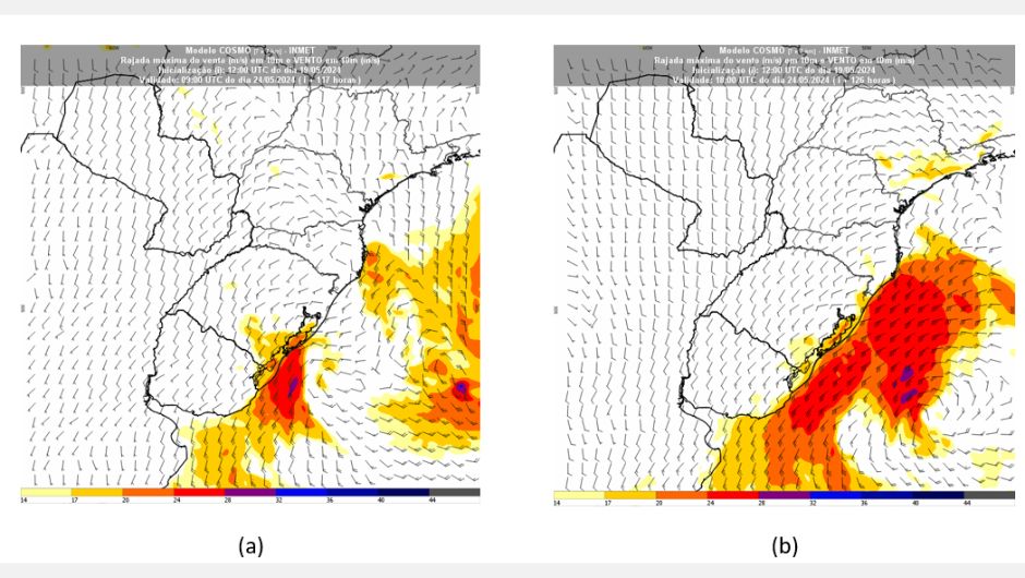 &nbsp; Figura 3: rajadas de vento previstas pelo modelo Cosmo na sexta-feira (24), às 06h (a) e às 15h (b) – horário de Brasília