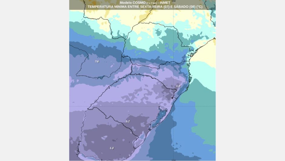 Previsão de temperatura mínima para a região Sul do Brasil entre sexta-feira (7) e sábado (8)