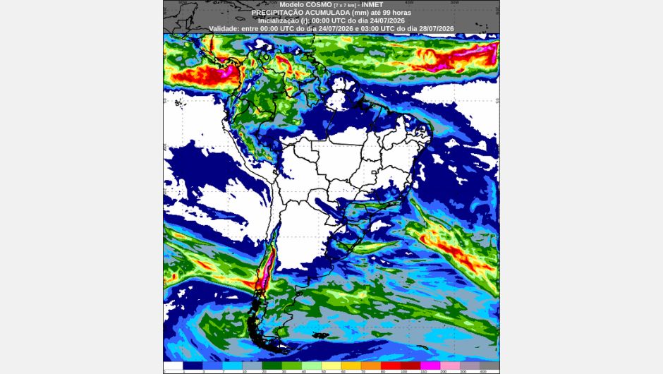 Previsão de precipitação acumulada (mm) entre 21h (horário de Brasília) de 23 de julho e 00h de 28 de julho de 2026, obtida a partir do modelo de previsão numérica de tempo Cosmo; fonte: Inmet
