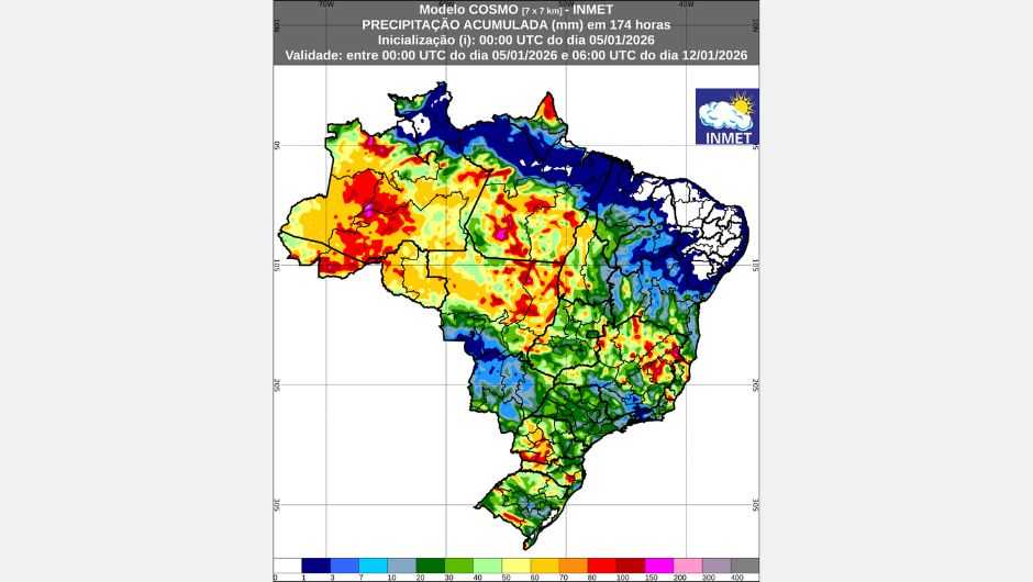 Figura 1: previsão de chuva acumulada (05 a 12 de janeiro de 2026); fonte: Inmet