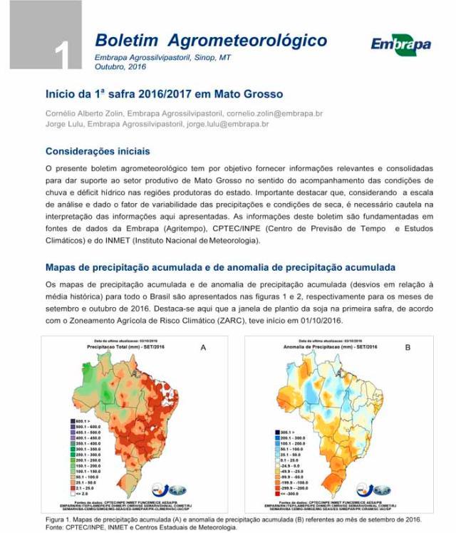 Embrapa Agrossilvipastoril divulga 1º Boletim Agrometeorológico safra 16/17