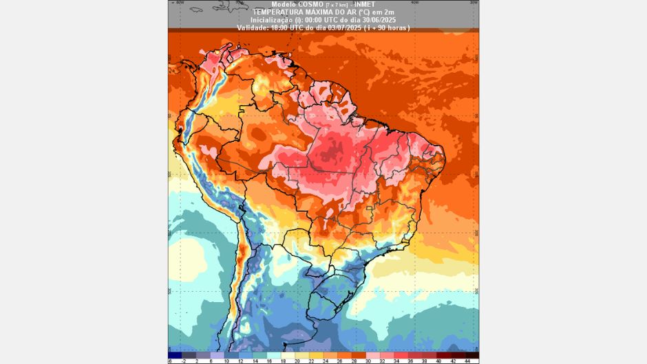 Figura 3: previsão de temperatura máxima para o dia 03 de julho de 2025 às 15h (horário de Brasília); fonte: Inmet
