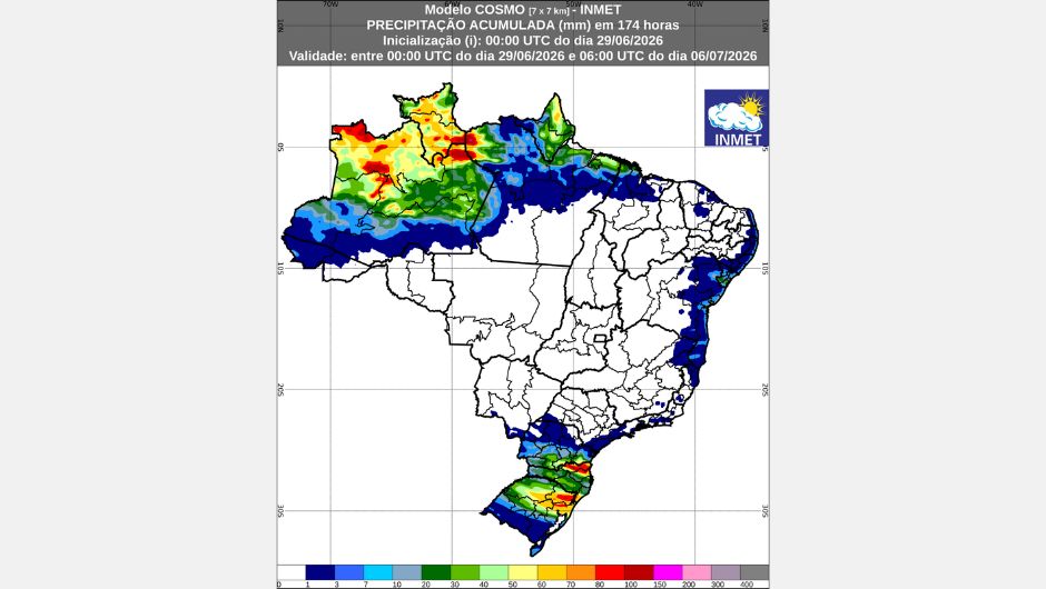 Previsão de chuva acumulada (29 de junho a 06 de julho de 2026) do modelo Cosmo; fonte: Inmet