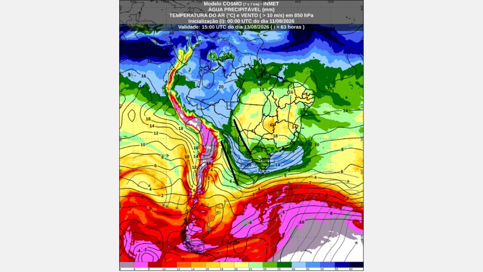 Previsão do campo de água precipitável (quantidade de água disponível para precipitação) para as 12h (horário de Brasília) de quinta-feira, 13 de agosto de 2026; fonte: Inmet