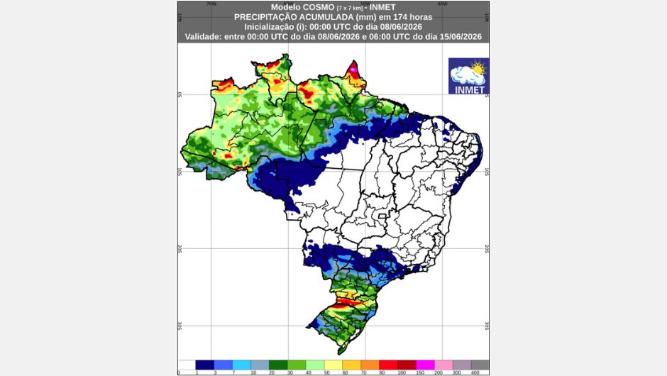 Figura 1: previsão de chuva acumulada (8 a 15 de junho de 2026); fonte: Inmet
