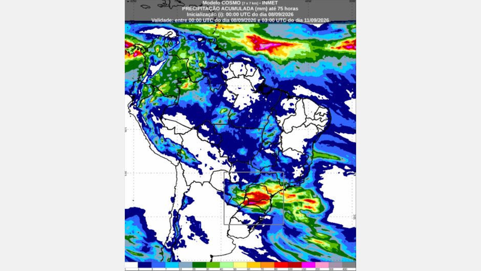 Previsão de chuva acumulada (mm) de terça-feira (8/9) até o final de quinta-feira (10/9); fonte: Inmet