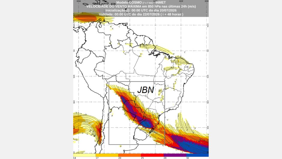 Previsão da velocidade do vento no nível de 850 hPa às 21h (horário de Brasília) de terça-feira, 21 de julho de 2026, obtida a partir do modelo de previsão numérica do tempo Cosmo