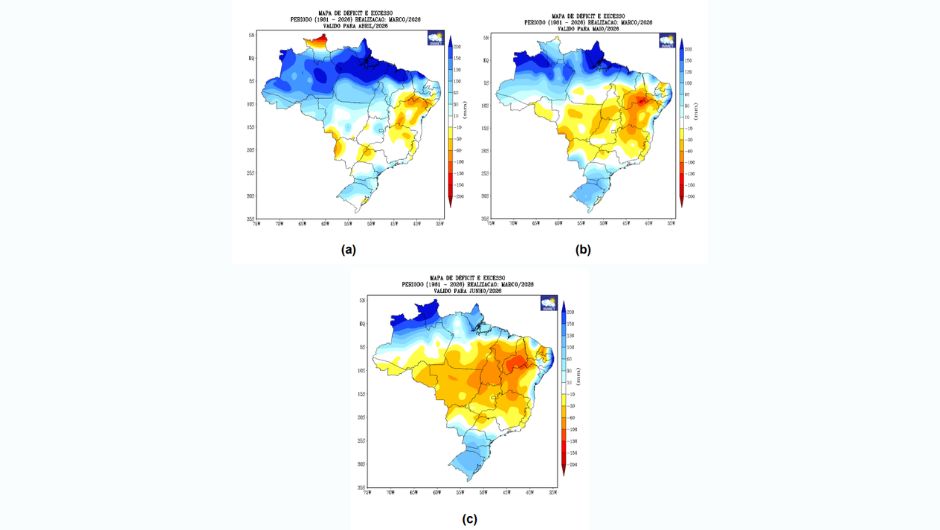 Previsão de déficits e excessos de água no solo (mm) para os meses de (a) abril, (b) maio e (c) junho de 2026 no Brasil, considerando capacidade de água disponível (CAD) de 100 mm; fonte: Inmet