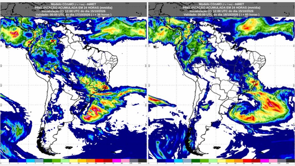 Previsão de acumulados de chuva de quinta-feira (15/10) ao fim de sábado (17/10), conforme o modelo numérico de previsão de tempo Cosmo; fonte: Inmet