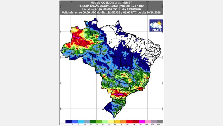 Previsão de chuva acumulada (13 de outubro a 20 de outubro de 2026); fonte: Inmet