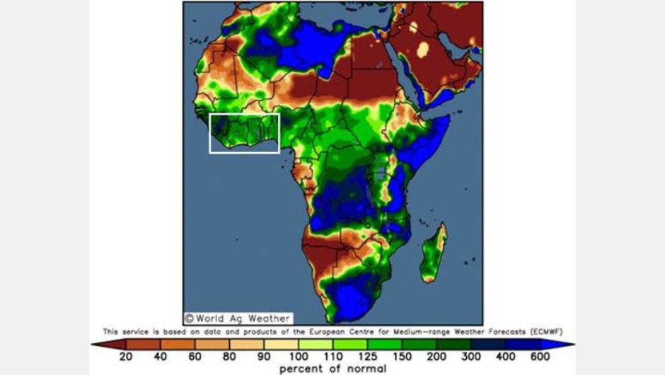 EC anomalia de precipitação, próximos 14 dias (% do normal); fonte: World Ag Weather