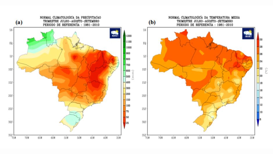 Climatologia de (a) precipitação (mm) e (b) temperatura média do ar (°C) para o trimestre julho, agosto e setembro; período de referência: 1981-2010; fonte: Inmet