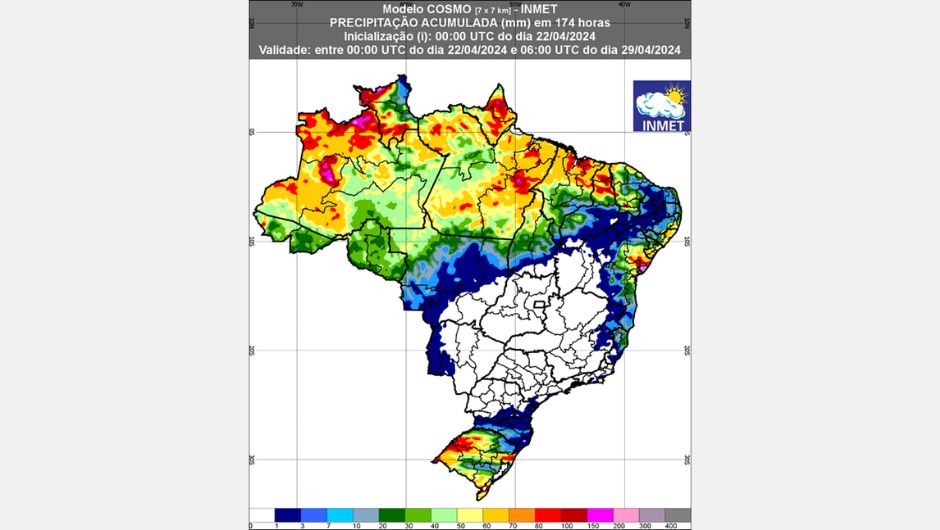 Figure 1: rain forecast for the 1st week (22 and 29/04/2024); source: Inmet