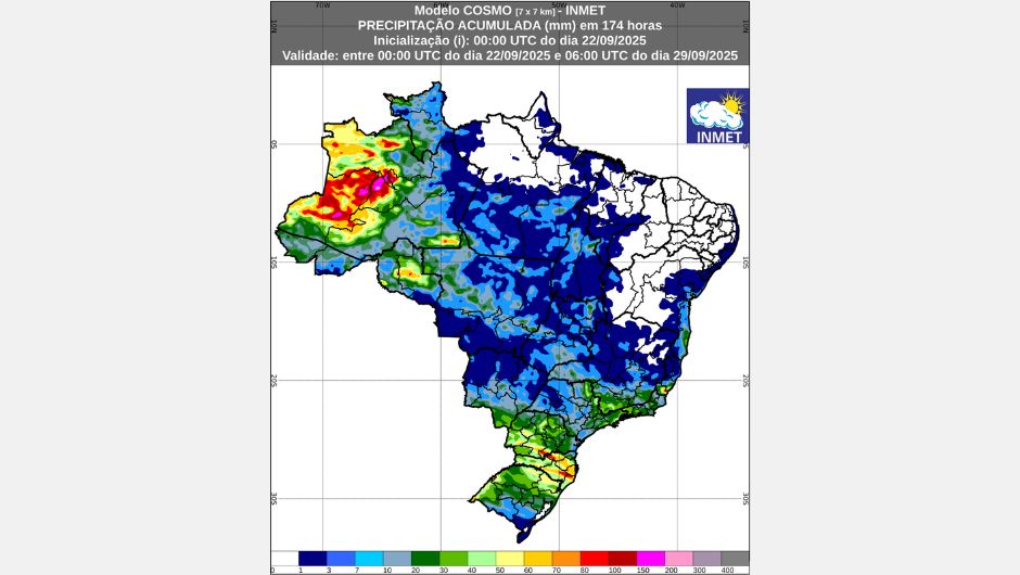 Figura 1: previsão de chuva acumulada (22 de agosto a 29 de setembro de 2025); fonte: Inmet