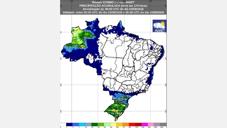 Previsão de chuva acumulada (3 a 10 de agosto de 2026) do modelo Cosmo; fonte: Inmet