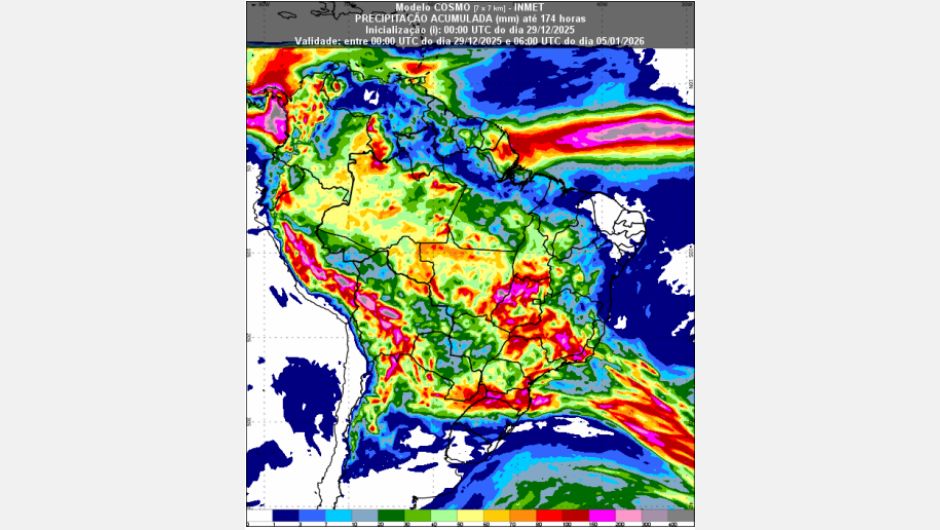 Figura 1: previsão de chuva acumulada (29 a 05 de janeiro de 2026); fonte: Inmet