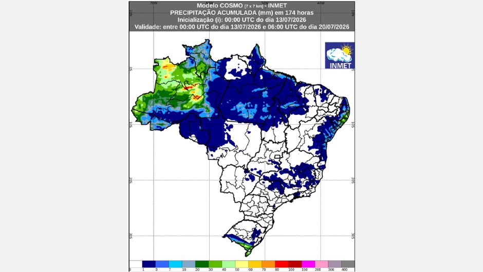Previsão de chuva acumulada (13 a 20 de julho de 2026) do modelo Cosmo; fonte: Inmet