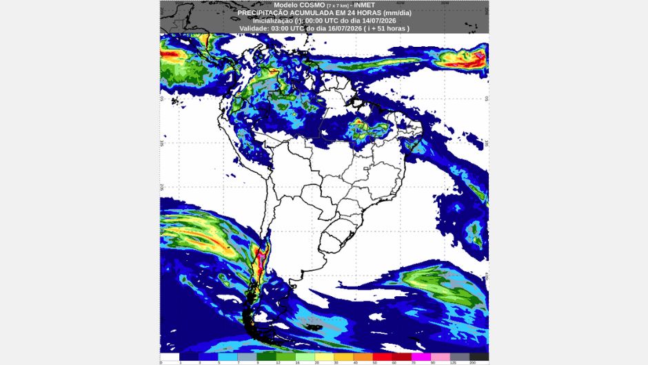 Mapa de previsão de chuva acumulada em 24 horas para o dia 15 de julho de 2026, proveniente do modelo de previsão numérica do tempo Cosmo