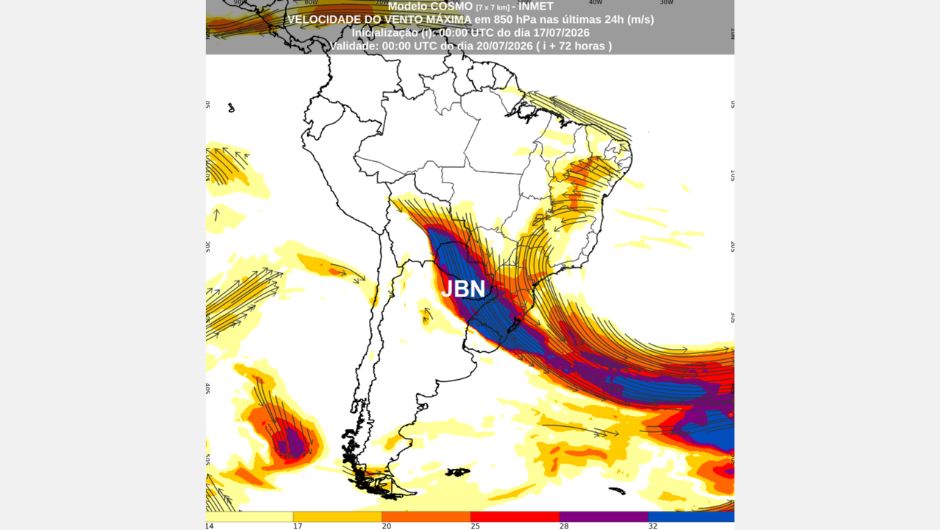 Previsão da velocidade do vento no nível de 850 hPa às 21h (horário de Brasília) de 19 de julho de 2026, proveniente do modelo de previsão numérica do tempo Cosmo; fonte: Inmet