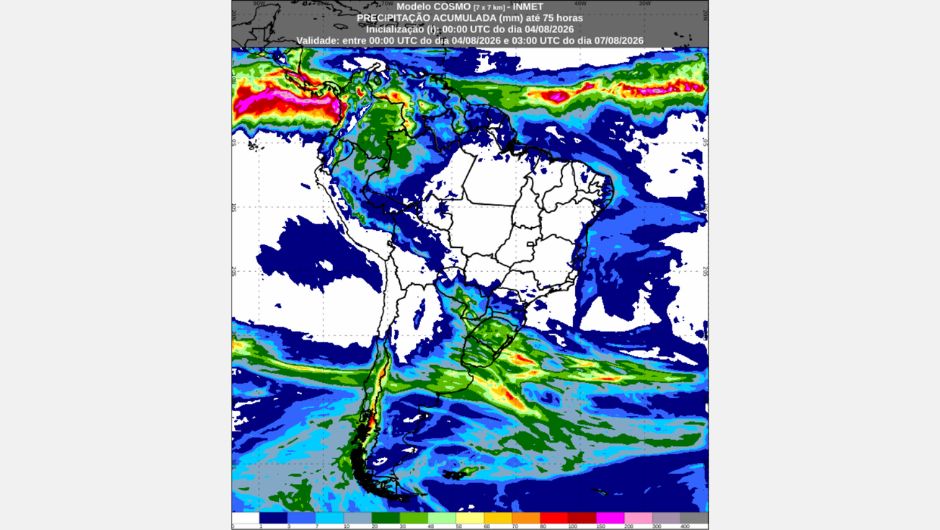 Previsão de precipitação acumulada (mm) até 00h (horário de Brasília) de sexta-feira, 7 de agosto de 2026, elaborada com base no modelo numérico de previsão do tempo Cosmo; fonte: Inmet