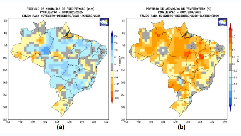 Figura 5: previsão de anomalias de precipitação (a) (mm) e temperatura média do ar (ºC) do Inmet para o trimestre novembro-dezembro-janeiro (NDJ) de 2025 e 2026.