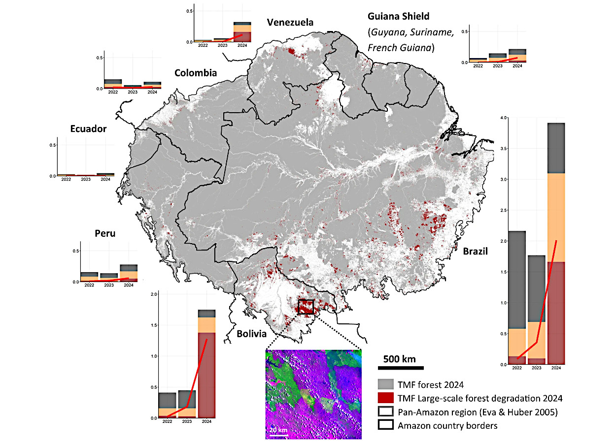 Mapa da Pan-Amazônia mostrando a degradação florestal em larga escala detectada recentemente em 2024 -&nbsp;doi.org/10.5194/bg-22-5247-2025