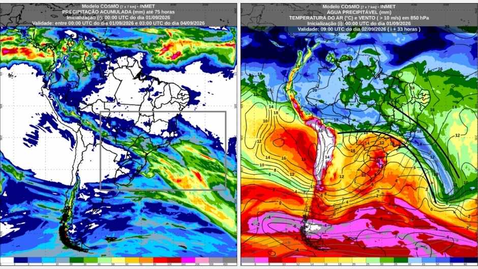 Previsão de chuva acumulada (mm) de terça-feira (1) até o final da quinta-feira (3) e água precipitável (mm) na manhã de quarta-feira (2)