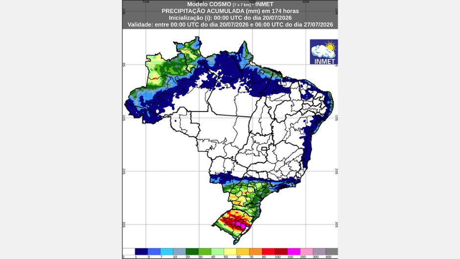 Previsão de chuva acumulada (20 a 27 de julho de 2026) do modelo Cosmo; fonte: Inmet