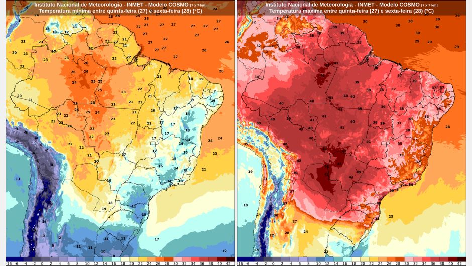 Previsão de temperatura mínima entre quinta-feira (27) e sexta-feira (28) previsão de temperatura máxima entre quinta-feira (27) e sexta-feira (28);&nbsp;fonte: Inmet