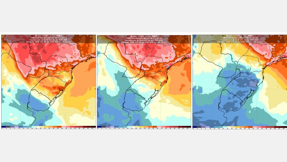 Figura 2: temperaturas máximas (em °C) previstas pelo modelo Cosmo para quarta-feira (22), quinta-feira (23) e sexta-feira (24)