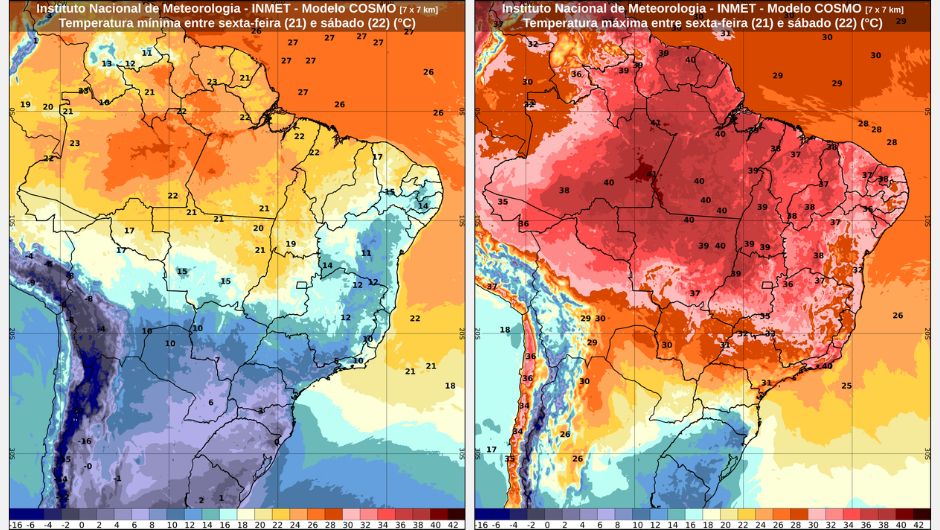 Previsão de temperatura mínima entre sexta-feira (21) e sábado (22) e de temperatura máxima entre sexta-feira (21) e sábado (22)