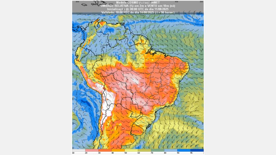 Figura 2: previsão de umidade relativa do ar (%) em 2 m e vento a 10 m (m/s) no dia 14 de agosto de 2025; fonte: Inmet
