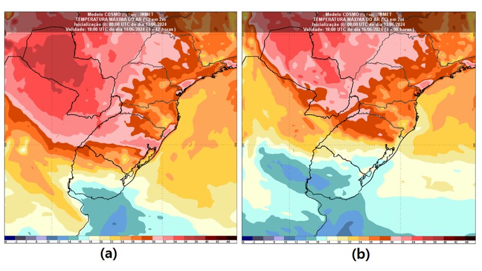 Figura 3: temperaturas máximas (em °C) previstas pelo modelo Cosmo-Inmet 7Km para (a) sexta-feira (14) e (b) domingo (16)