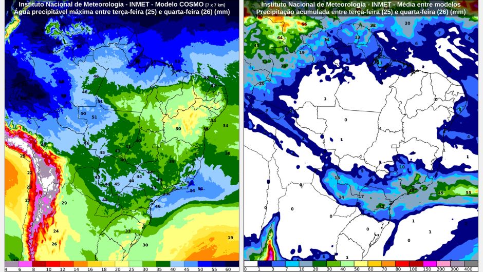 Previsão do valor máximo de água precipitável (mm) entre terça-feira (25) e quarta-feira (26) e previsão de chuva acumulada (mm) entre terça-feira (25) e quarta-feira (26); fonte:&nbsp;Inmet